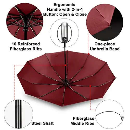 TradMall Travel Umbrella Windproof 56 Inches Canopy, Red | 10 Reinforced Fiberglass Ribs Ergonomic Handle Auto Open & Close - 4