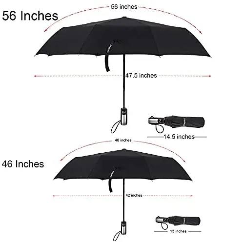 TradMall Travel Umbrella Windproof 56 Inches Canopy, Black | 10 Reinforced Fiberglass Ribs Ergonomic Handle Auto Open & Close - 2