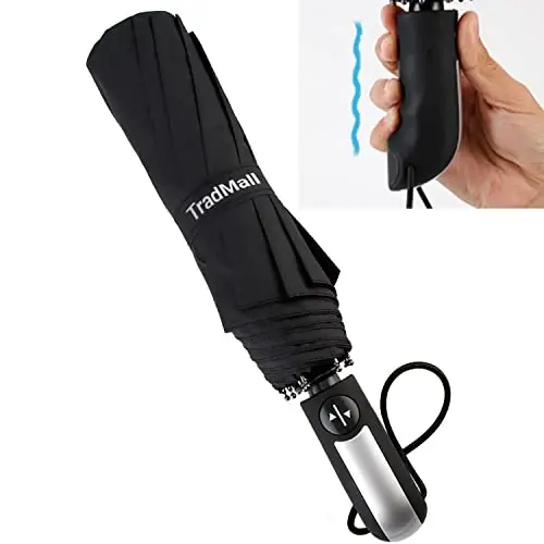 TradMall Travel Umbrella Windproof 56 Inches Canopy, Black | 10 Reinforced Fiberglass Ribs Ergonomic Handle Auto Open & Close - 3