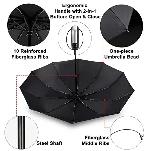 TradMall Travel Umbrella Windproof 56 Inches Canopy, Black | 10 Reinforced Fiberglass Ribs Ergonomic Handle Auto Open & Close - 4