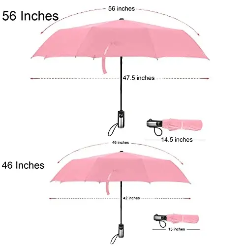 TradMall Travel Umbrella Windproof 56 Inches Canopy, Pink | 10 Reinforced Fiberglass Ribs Ergonomic Handle Auto Open & Close - 2