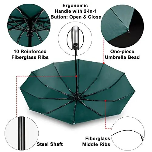 TradMall Travel Umbrella Windproof 56 Inches Canopy, Dark Green | 10 Reinforced Fiberglass Ribs Ergonomic Handle Auto Open & Close - 4