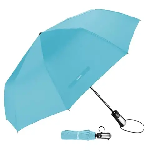 TradMall Travel Umbrella Windproof 56 Inches Canopy, Sky Blue | 10 Reinforced Fiberglass Ribs Ergonomic Handle Auto Open & Close 