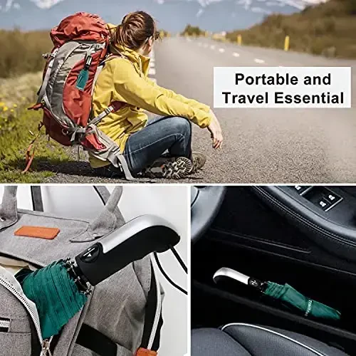 TradMall Travel Soyabon shamoldan himoyalangan, 46 dyuymli katta soyabon, 10 ta mustahkam shisha tolali qovurg'a, ergonomik tutqich, avtomatik ochish va yopish, to'q yashil - 6