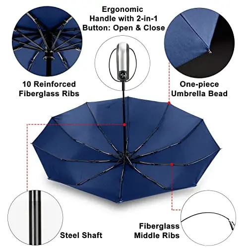 TradMall Travel Soyabon shamoldan himoyalangan, 46 dyuymli katta soyabon, 10 ta mustahkam shisha tolali qovurg'alar, ergonomik tutqich, avtomatik ochish va yopish, to'q ko'k - 4