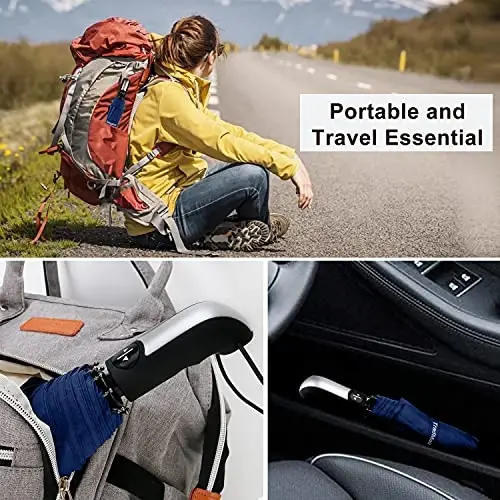 TradMall Travel Soyabon shamoldan himoyalangan, 46 dyuymli katta soyabon, 10 ta mustahkam shisha tolali qovurg'alar, ergonomik tutqich, avtomatik ochish va yopish, to'q ko'k - 6