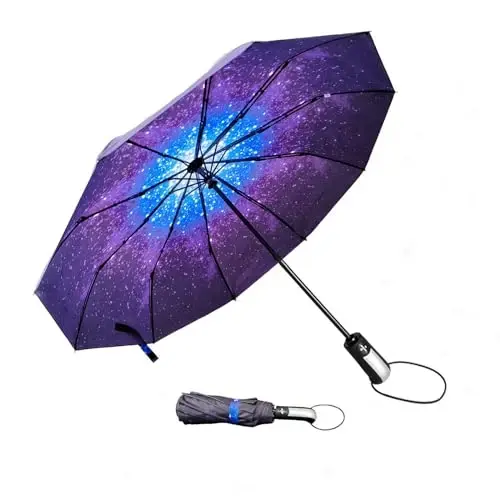 TradMall Travel Soyabon shamolga chidamli, 46 dyuymli katta soyabon, 10 ta mustahkam shisha tolali qovurg'a, ergonomik tutqich, avtomatik ochish va yopish, yulduzli osmon - 1