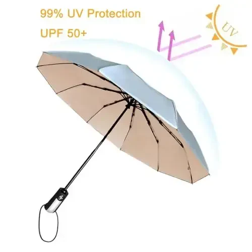 TradMall Travel Umbrella Shamolga chidamli, 46 dyuymli katta soyabon, 10 ta mustahkam shisha tolali qovurg'a, ergonomik tutqich, avtomatik ochish va yopish, kumush/och pushti - 3