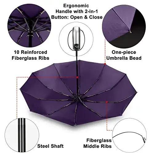 TradMall Travel Umbrella Shamolga chidamli, 46 dyuymli katta soyabon, 10 ta mustahkam shisha tolali qovurg'alar, ergonomik tutqich, avtomatik ochish va yopish, binafsha - 4