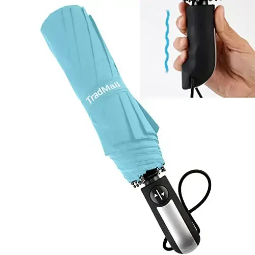TradMall Travel Umbrella Shamolga chidamli, 46 dyuymli katta soyabon, 10 ta mustahkam shisha tolali qovurg'alar, ergonomik tutqich, avtomatik ochish va yopish, osmon ko'k - 3