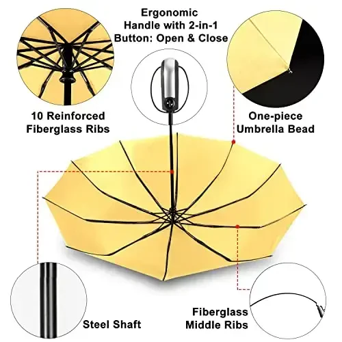 TradMall Travel Umbrella Shamolga chidamli, 46 dyuymli katta soyabon, 10 ta mustahkamlangan shisha tolali qovurg'alar, Ergonomik tutqich, Avtomatik ochish va yopish, Sariq - 4
