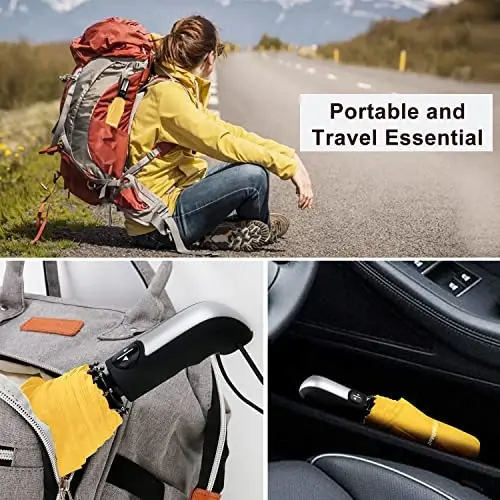 TradMall Travel Umbrella Shamolga chidamli, 56 dyuymli katta soyabon, 10 mustahkam tolali shisha qovurgʻa, Ergonomik tutqich, Avtomatik ochish va yopish, Sariq - 6