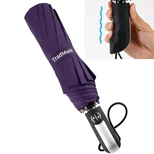 TradMall Travel Umbrella Shamolga chidamli, 56 dyuymli katta soyabon, 10 ta mustahkam shisha tolali qovurg'a, ergonomik tutqich, avtomatik ochish va yopish, binafsha - 3