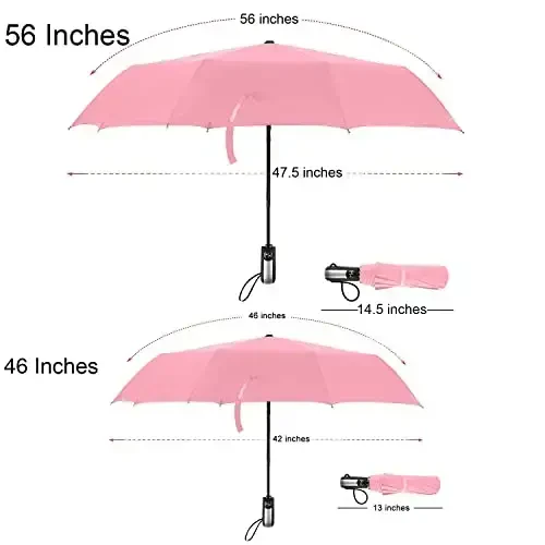 TradMall Travel Umbrella Shamolga chidamli, 56 dyuymli katta soyabon, 10 ta mustahkam shisha tolali qovurg'a, ergonomik tutqich, avtomatik ochish va yopish, pushti - 2