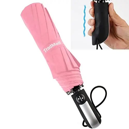 TradMall Travel Umbrella Shamolga chidamli, 56 dyuymli katta soyabon, 10 ta mustahkam shisha tolali qovurg'a, ergonomik tutqich, avtomatik ochish va yopish, pushti - 3