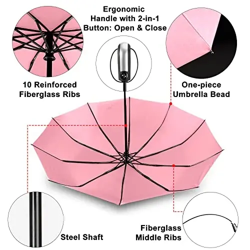 TradMall Travel Umbrella Shamolga chidamli, 56 dyuymli katta soyabon, 10 ta mustahkam shisha tolali qovurg'a, ergonomik tutqich, avtomatik ochish va yopish, pushti - 4