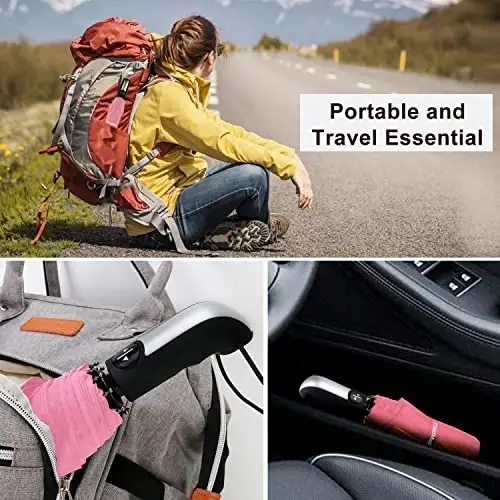 TradMall Travel Umbrella Shamolga chidamli, 56 dyuymli katta soyabon, 10 ta mustahkam shisha tolali qovurg'a, ergonomik tutqich, avtomatik ochish va yopish, pushti - 6