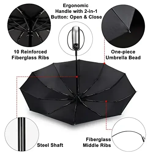 TradMall Travel Umbrella Shamolga chidamli, 56 dyuymli katta soyabon, 10 ta mustahkam shisha tolali qovurg'alar, Ergonomik tutqich, Avtomatik ochish va yopish, Qora - 4
