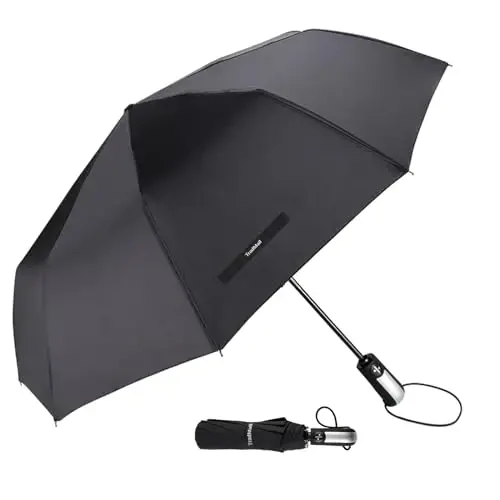 TradMall Travel Umbrella Windproof 46 Inches Canopy, Black | 10 Reinforced Fiberglass Ribs Ergonomic Handle Auto Open & Close 
