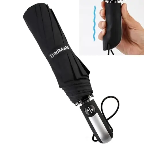 TradMall Travel Umbrella Windproof 46 Inches Canopy, Black | 10 Reinforced Fiberglass Ribs Ergonomic Handle Auto Open & Close - 3