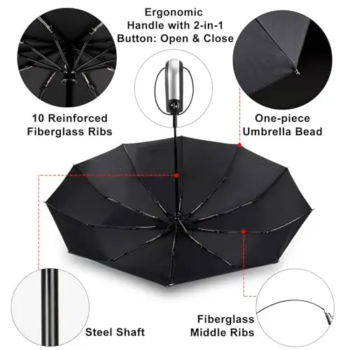 TradMall Travel Umbrella Windproof 46 Inches Canopy, Black | 10 Reinforced Fiberglass Ribs Ergonomic Handle Auto Open & Close - 4
