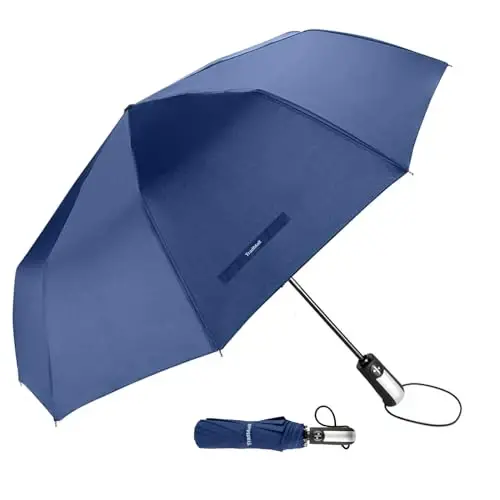 TradMall Travel Umbrella Windproof with 46 Inches Large Canopy 10 Reinforced Fiberglass Ribs Ergonomic Handle Auto Open & Close, Navy Blue 