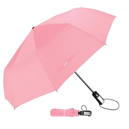 TradMall Travel Umbrella Windproof with 46 Inches Large Canopy 10 Reinforced Fiberglass Ribs Ergonomic Handle Auto Open & Close, Pink - 1