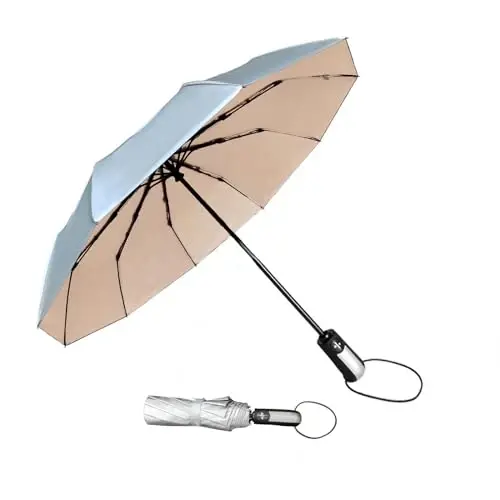 TradMall Travel Umbrella Windproof with 46 Inches Large Canopy 10 Reinforced Fiberglass Ribs Ergonomic Handle Auto Open & Close, Silver/Light Pink 
