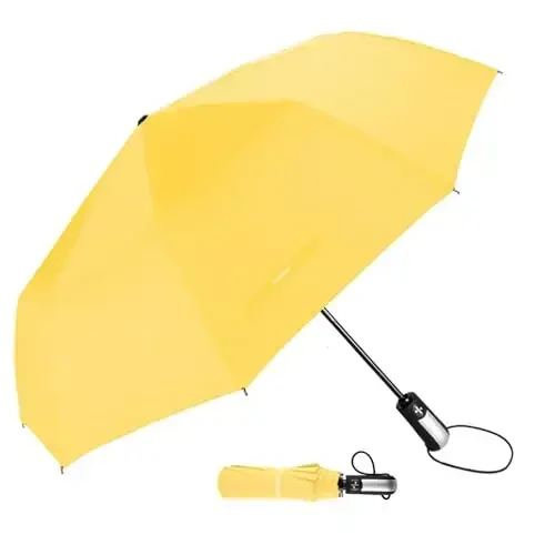 TradMall Travel Umbrella Windproof with 46 Inches Large Canopy 10 Reinforced Fiberglass Ribs Ergonomic Handle Auto Open & Close, Yellow 