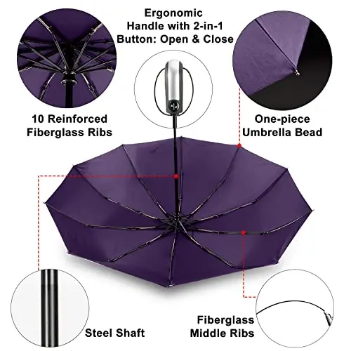 TradMall Travel Umbrella Windproof with 56 Inches Large Canopy 10 Reinforced Fiberglass Ribs Ergonomic Handle Auto Open & Close, Purple - 4
