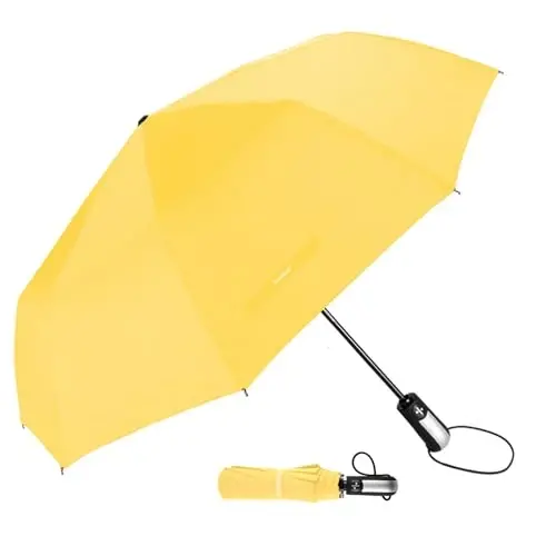 TradMall Travel Umbrella Windproof with 56 Inches Large Canopy 10 Reinforced Fiberglass Ribs Ergonomic Handle Auto Open & Close, Yellow 