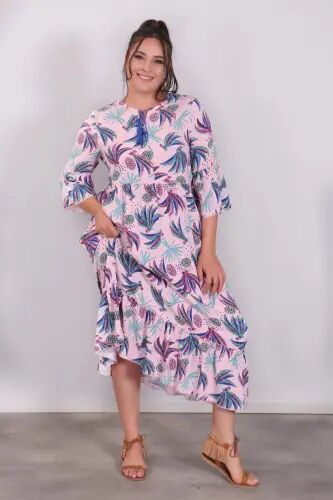 Translated Dress With Ruffled Pink Patterns - Büyükbedeniz (1)