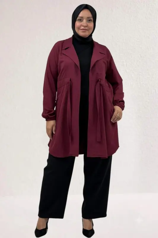 63018 Büyük Beden Bağlamalı Nora Ceket - Bordo - 1