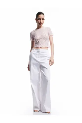 Transparan Slim Fit Kısa Kollu Bisiklet Yaka Dantelli Tişört - 2