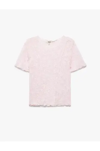 Transparan Slim Fit Kısa Kollu Bisiklet Yaka Dantelli Tişört - 3