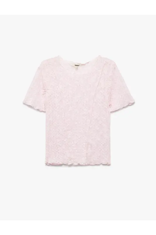 Transparan Slim Fit Kısa Kollu Bisiklet Yaka Dantelli Tişört - 3