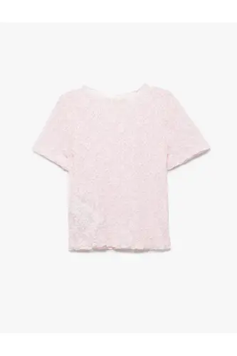 Transparan Slim Fit Kısa Kollu Bisiklet Yaka Dantelli Tişört - 4