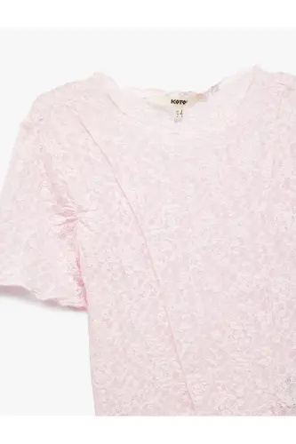 Transparan Slim Fit Kısa Kollu Bisiklet Yaka Dantelli Tişört - 5