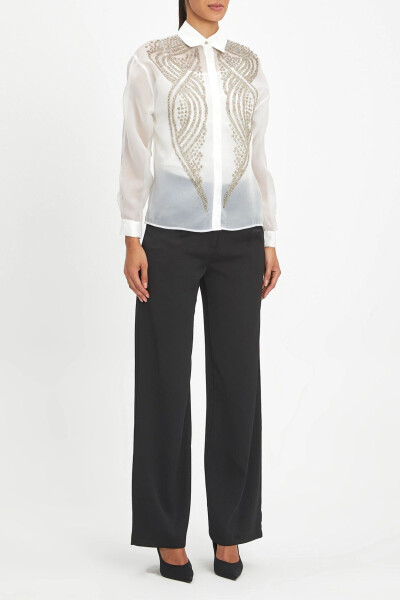 Transparan Uzun Kollu Altın Işlemeli Şık Ekru Gömlek 39901 - 1