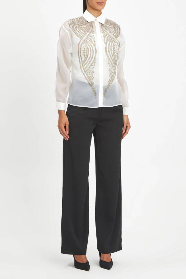 Transparan Uzun Kollu Altın Işlemeli Şık Ekru Gömlek 39901 - 1