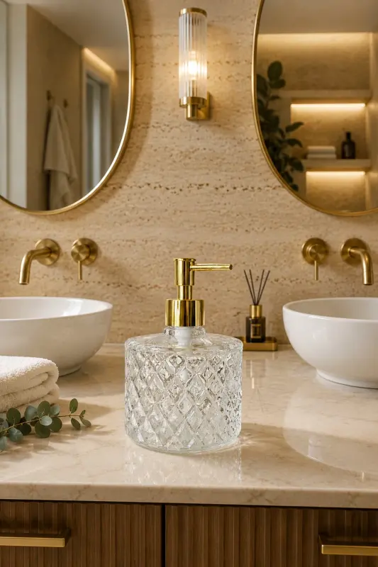 TRANSPARENT Crystal Glass Liquid Soap Dispenser - Transparent || Gold Pump || Modern Luxury Bathroom Accessory Decorative Liquid Soap Dispenser Soap Dispenser Countertop Sink for Bathroom & Kitchen | Dish Soap Hand Soap - Transparent - 5