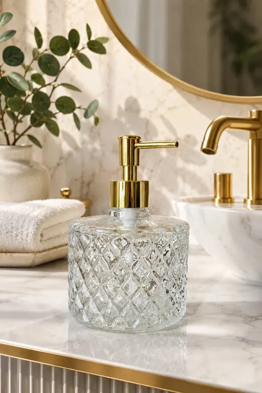 TRANSPARENT Crystal Glass Liquid Soap Dispenser - Transparent || Gold Pump || Modern Luxury Bathroom Accessory Decorative Liquid Soap Dispenser Soap Dispenser Countertop Sink for Bathroom & Kitchen | Dish Soap Hand Soap - Transparent - 6