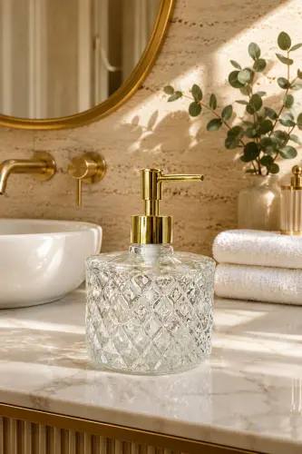 TRANSPARENT Crystal Glass Liquid Soap Dispenser - Transparent || Gold Pump || Modern Luxury Bathroom Accessory Decorative Liquid Soap Dispenser Soap Dispenser Countertop Sink for Bathroom & Kitchen | Dish Soap Hand Soap - Transparent - 7