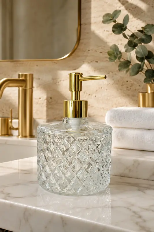 TRANSPARENT Crystal Glass Liquid Soap Dispenser - Transparent || Gold Pump || Modern Luxury Bathroom Accessory Decorative Liquid Soap Dispenser Soap Dispenser Countertop Sink for Bathroom & Kitchen | Dish Soap Hand Soap - Transparent - 8