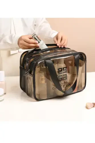 Transparent Double Compartment Travel Cosmetic Makeup Bag (30*22*16 CM SIZES)-Light Brown - 3