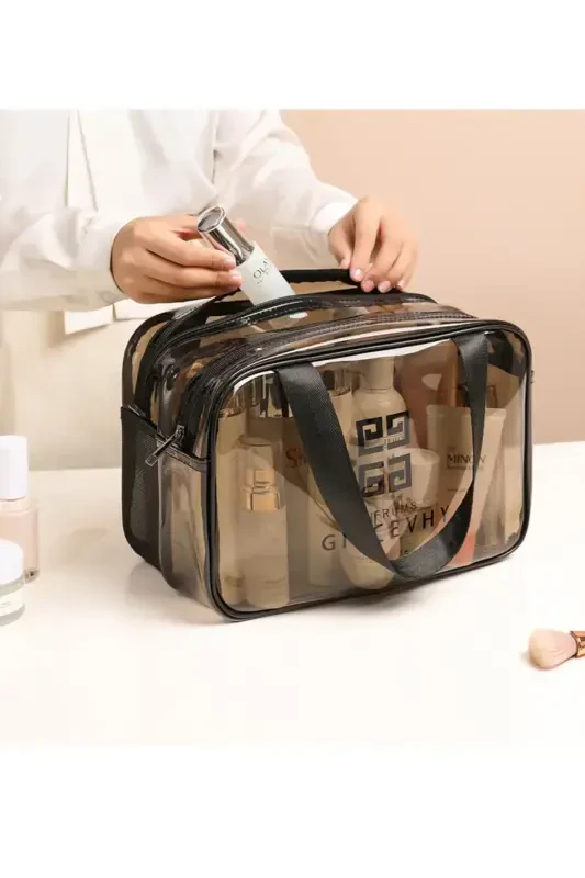 Transparent Double Compartment Travel Cosmetic Makeup Bag (30*22*16 CM SIZES)-Light Brown - 3