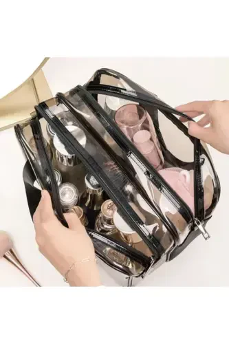 Transparent Double Compartment Travel Cosmetic Makeup Bag (30*22*16 CM SIZES)-Light Brown - 4