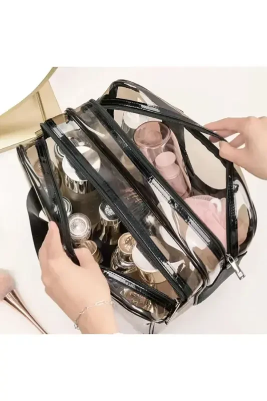 Transparent Double Compartment Travel Cosmetic Makeup Bag (30*22*16 CM SIZES)-Light Brown - 4