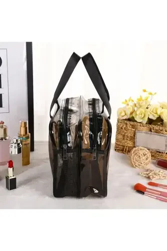 Transparent Double Compartment Travel Cosmetic Makeup Bag (30*22*16 CM SIZES)-Light Brown - 5