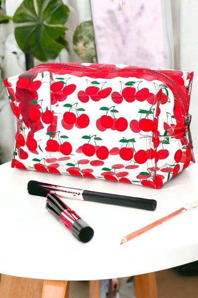 Transparent Makeup Bag with Cherry Pattern - 1